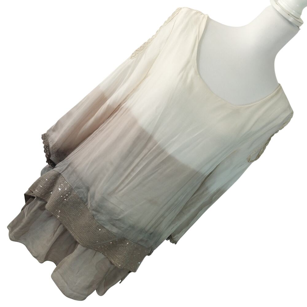 TEMPO PARIS! OMBRE CREAM/TAN OPEN SHOULDER, SEQUINNED GYPSY TOP, BLOUSE! SZ S